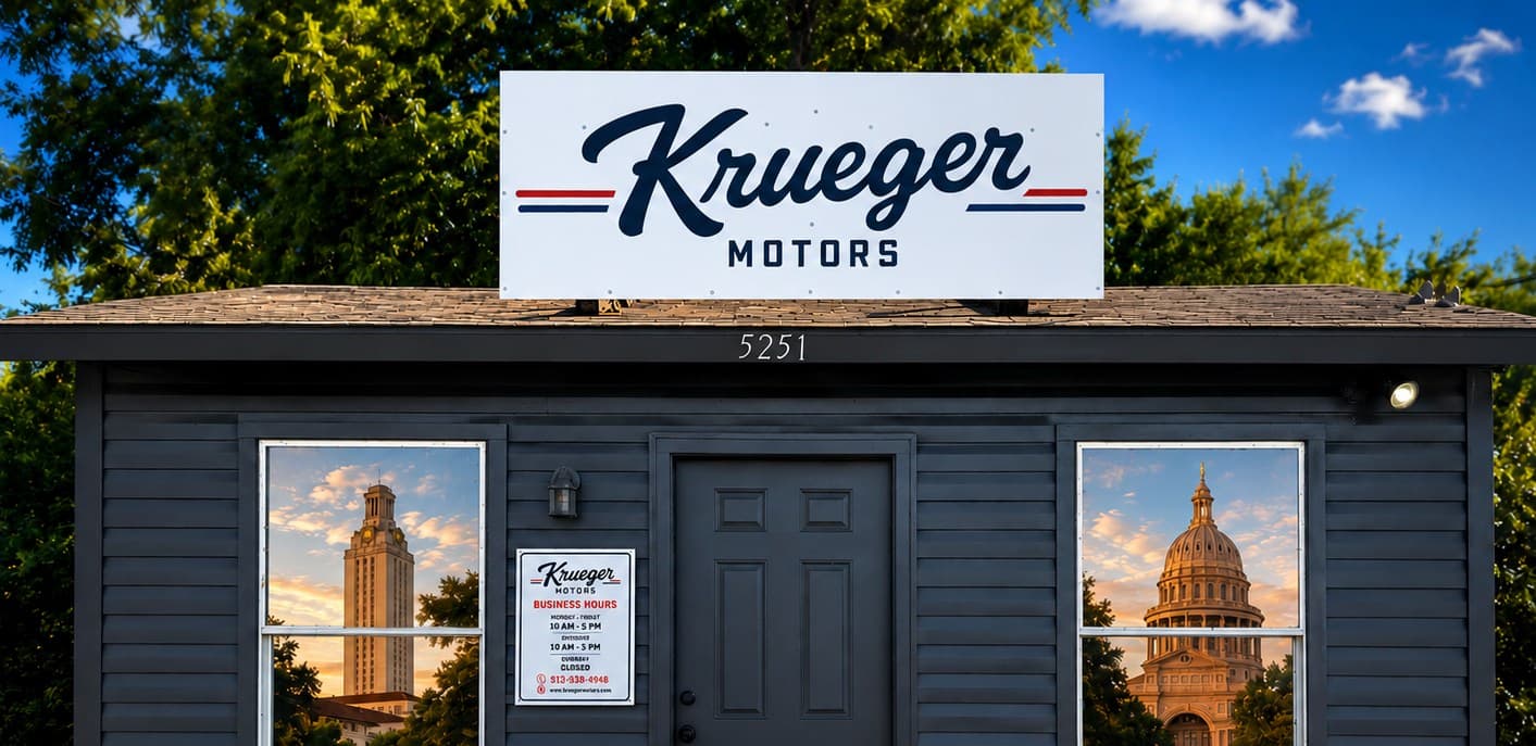 The Krueger Motors building on Burnet Road in Austin, with the roof sign above the entrance